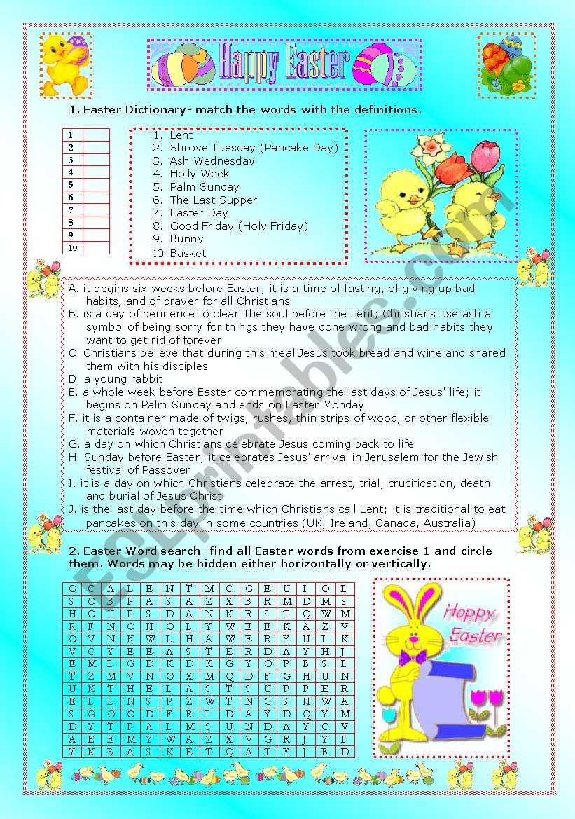 Easter worksheet- matching and wordsearch -teachers guide and answers included