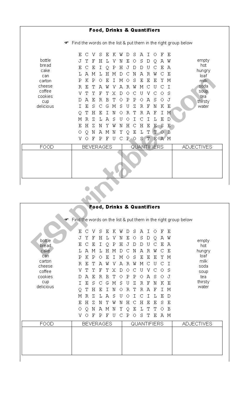 food drinks an quantifiers worksheet