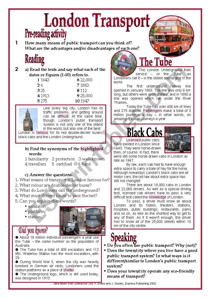 London Transport worksheet