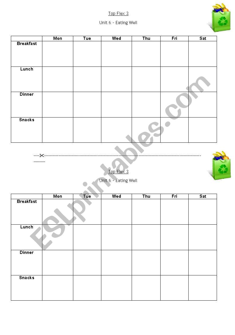 Healthy eating menu worksheet