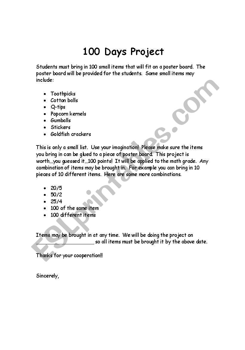 100 Days Project worksheet