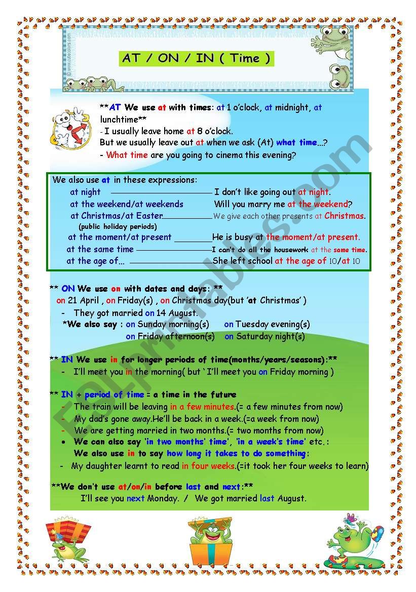 TIME PREPOSITIONS :  AT / ON / IN ( 2 pages )