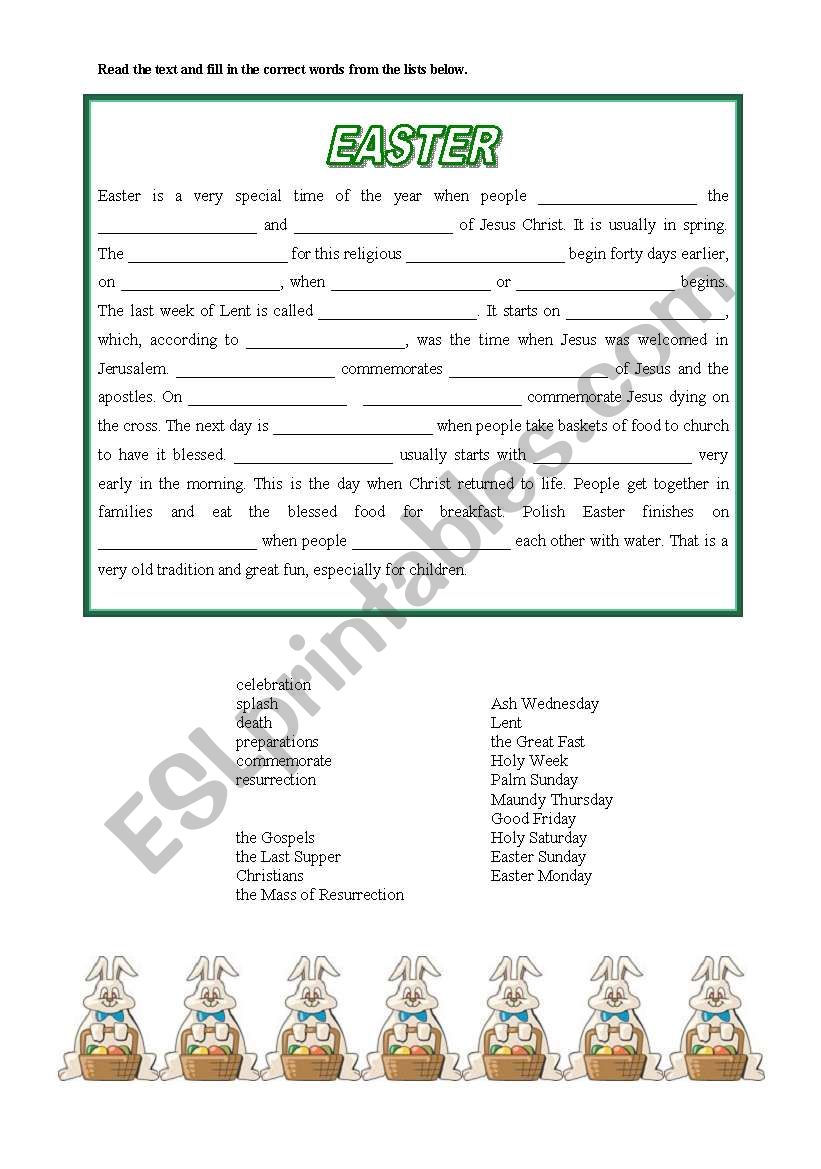 Easter cloze text elementary worksheet