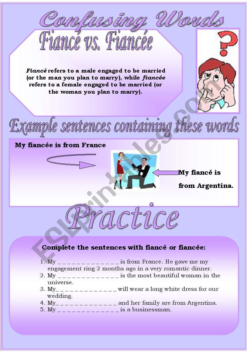 Confusing Words (4)...fiancÃ© vs. fiancÃ©e...There are many grammatical errors that we, as  teachers see every day. If you really want to improve your students English, this is the perfect set for you ;)