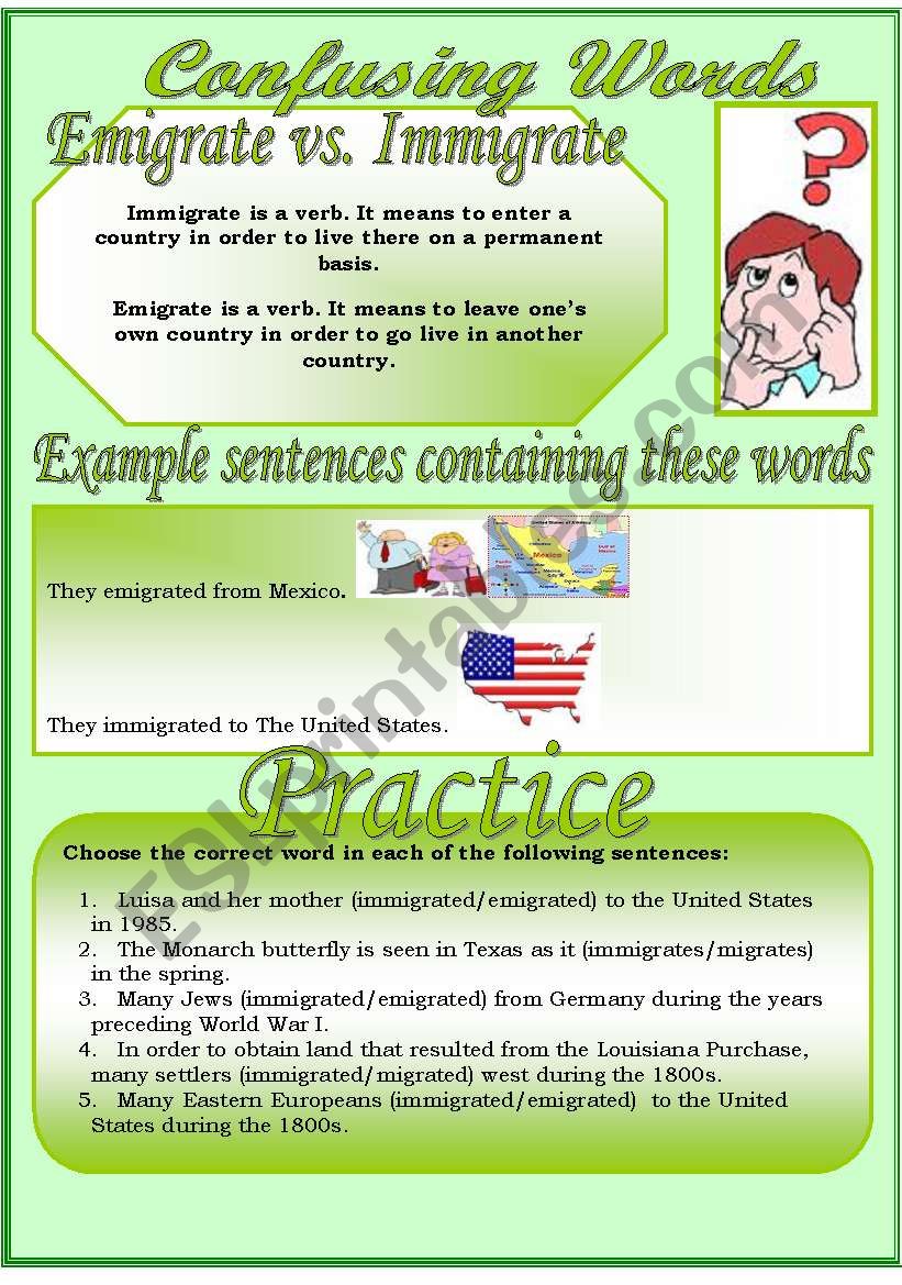 Confusing Words (5)...emigrate vs. immigrate...There are many grammatical errors that we, as teachers see every day. If you really want to improve your students English, this is the perfect set for you ;)