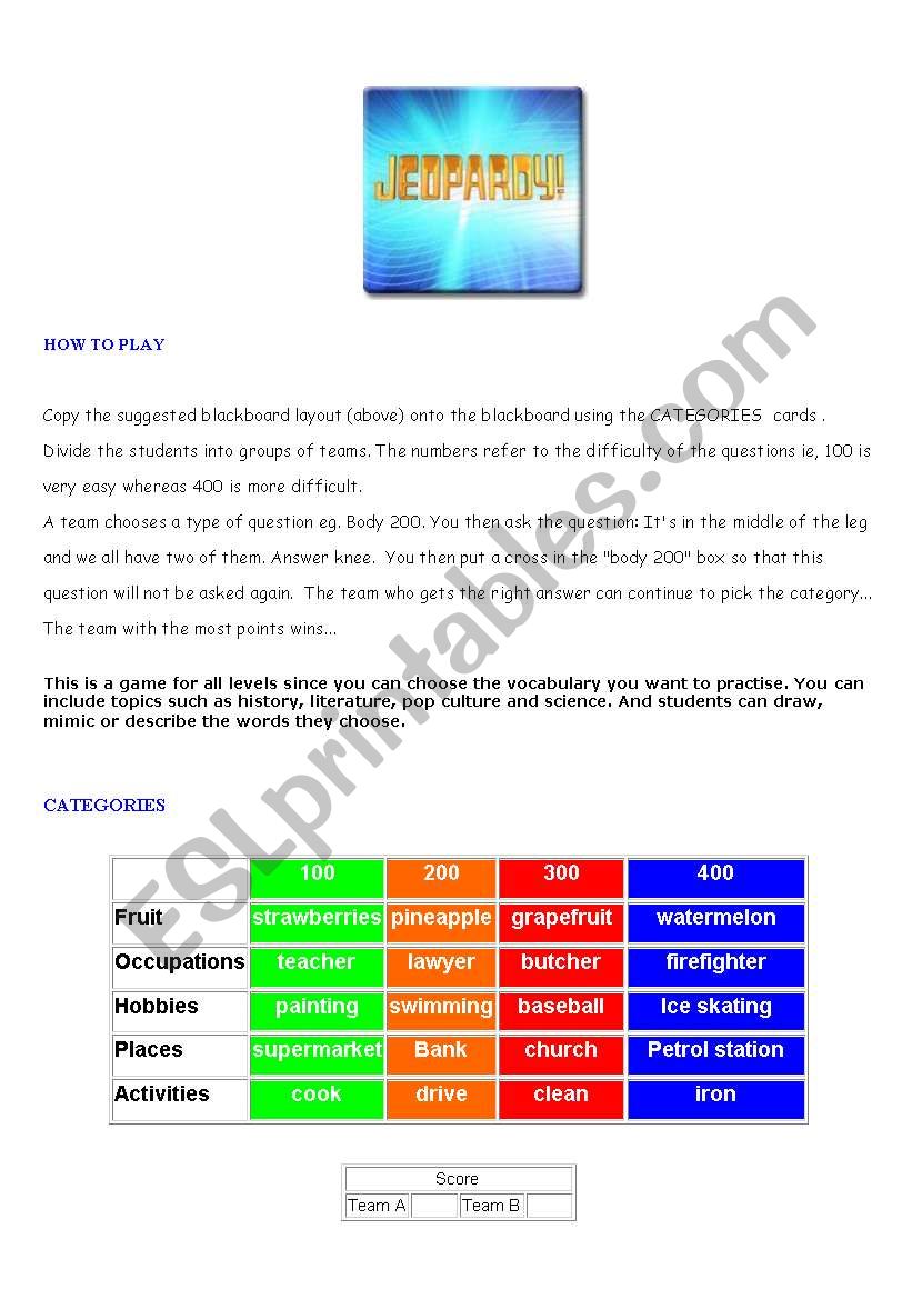 JEOPARDY ! Part 1  worksheet