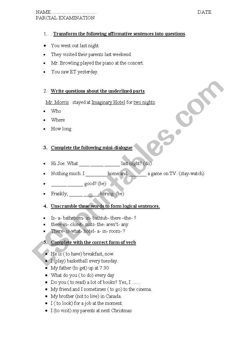 exams first level worksheet