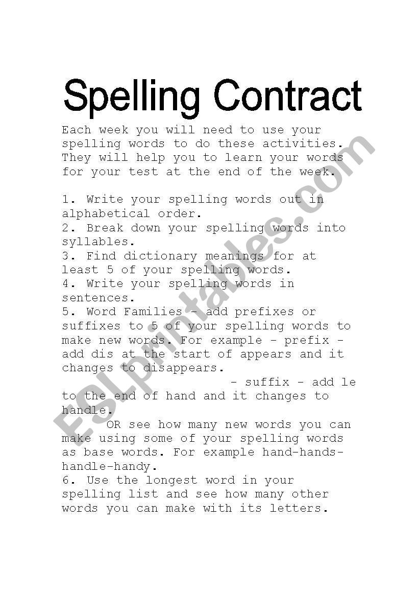 Spelling Contract worksheet