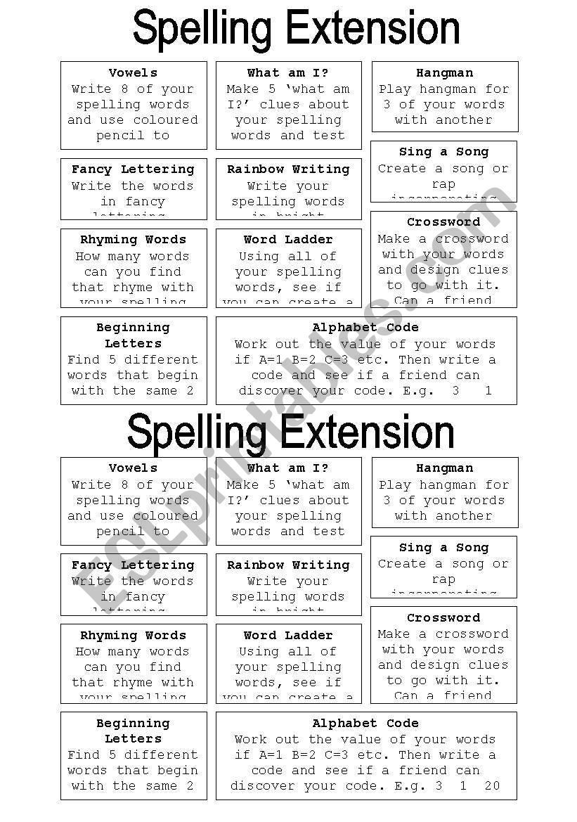 Spelling Extension worksheet
