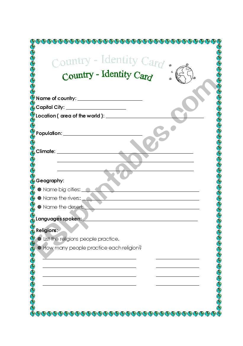 country identity card worksheet