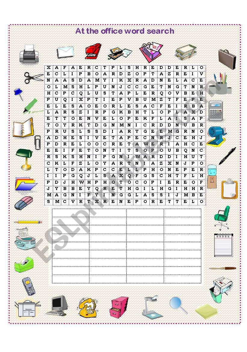 At the office word search worksheet