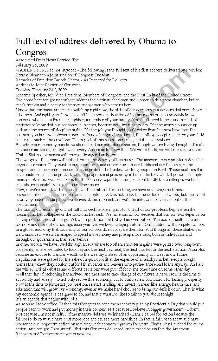 Barack Obama Speech worksheet