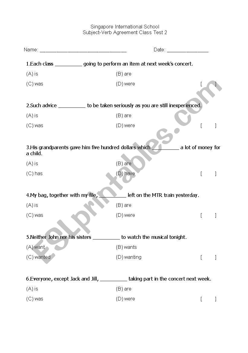 Concord Test worksheet