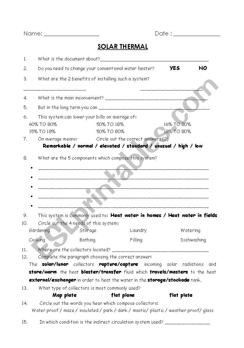 Solar Thermal worksheet