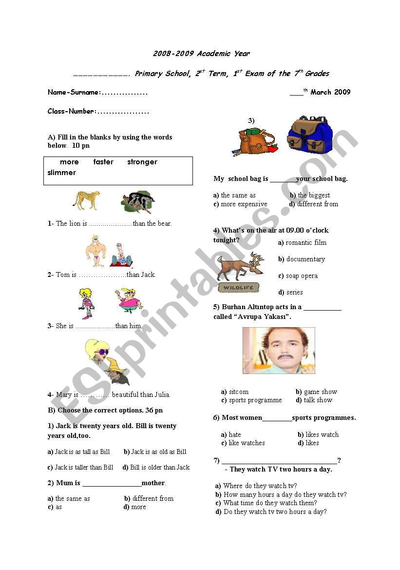 Grade7-Exam worksheet