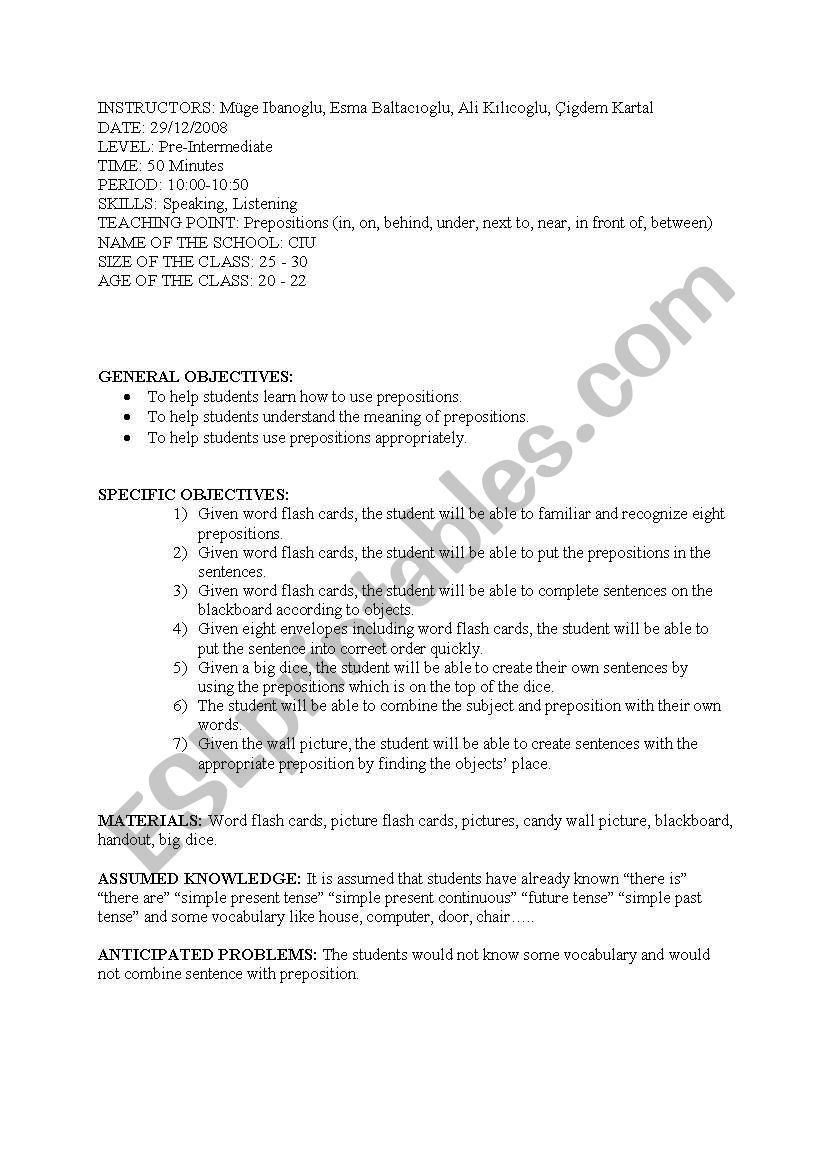 prepositions lesson plan  worksheet