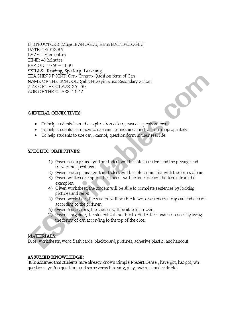 can-can´t lesson plan for elementary students - ESL worksheet by mugeee
