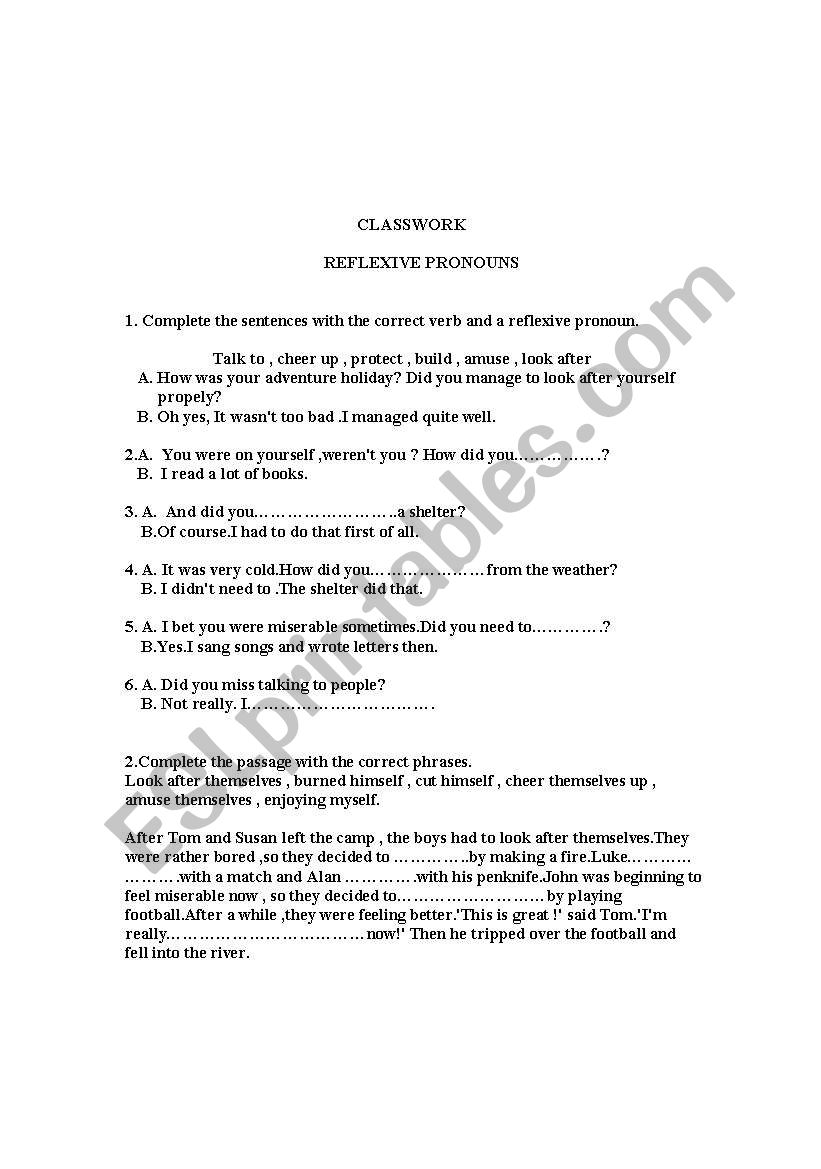 REFLEXIVE PRONOUNS WORKSHEET worksheet