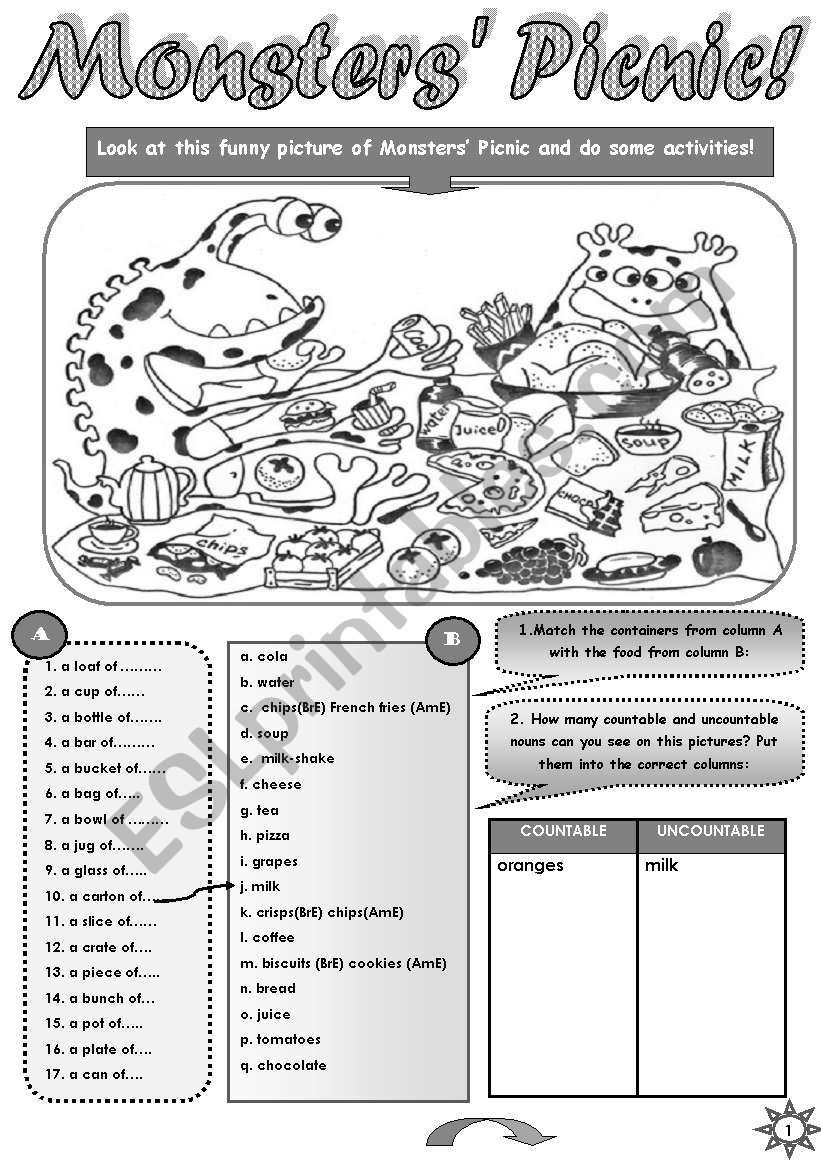 MONSTERSÂ´ PICNIC - FUN ACTIVITY SET  FOR UPPER-ELEMENTARY AND PRE-NTERMEDIATE STUDENTS (countable uncountable nouns, containers, some any; speaking and writing practice) + STUDENT A  and  STUDENT  B PICTURES for pair work (3pages)