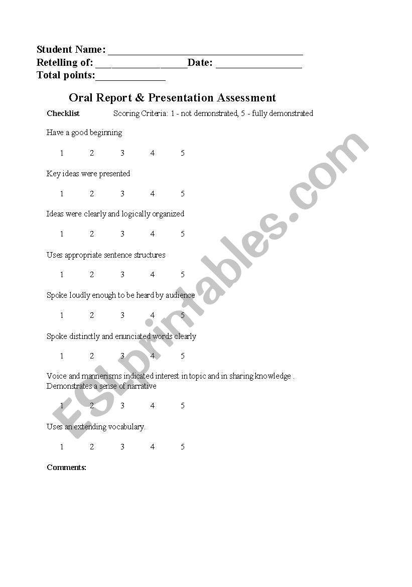 RETELLING RUBRIC worksheet