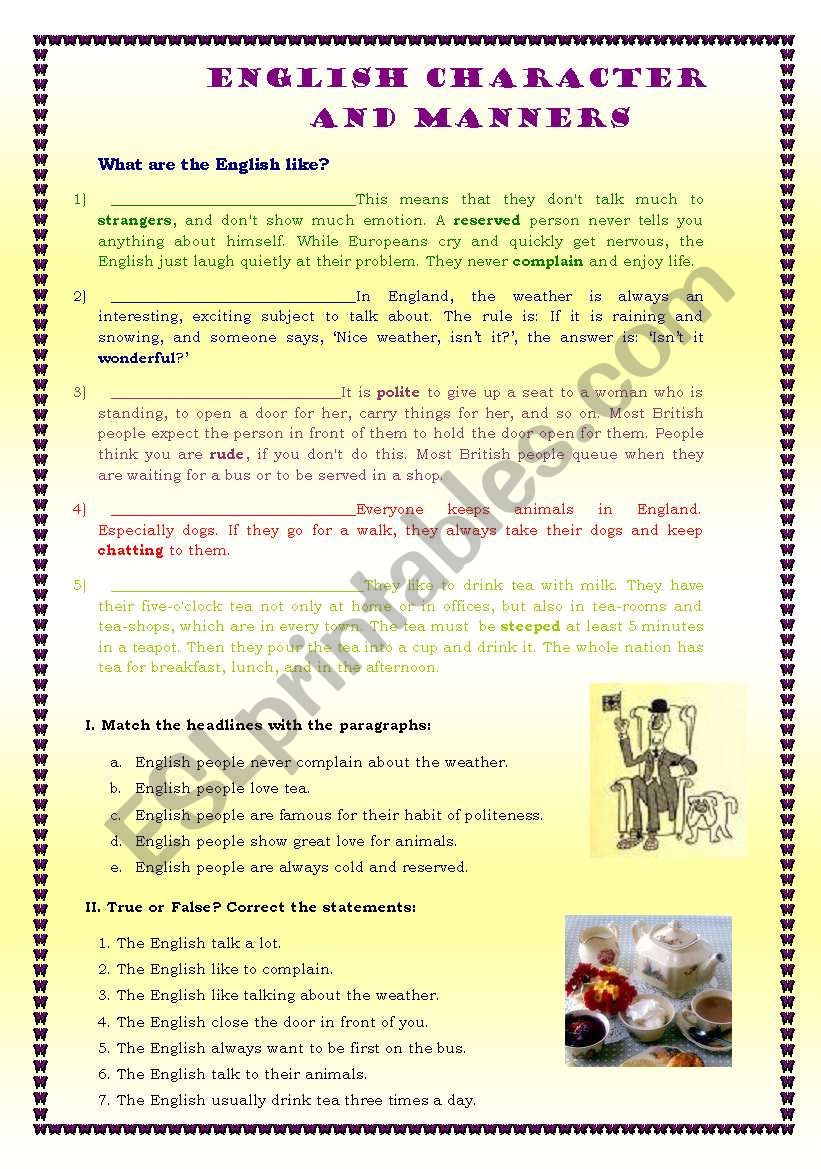 English character and manners worksheet