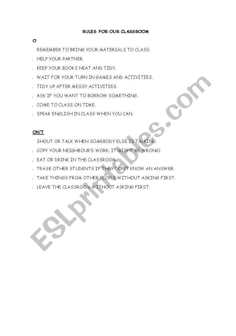 Rules for English Class worksheet