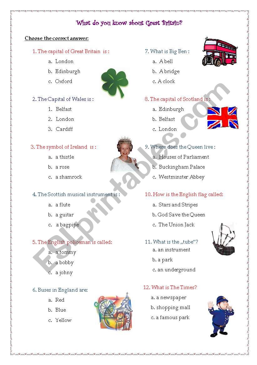 Quiz on Great Britain worksheet