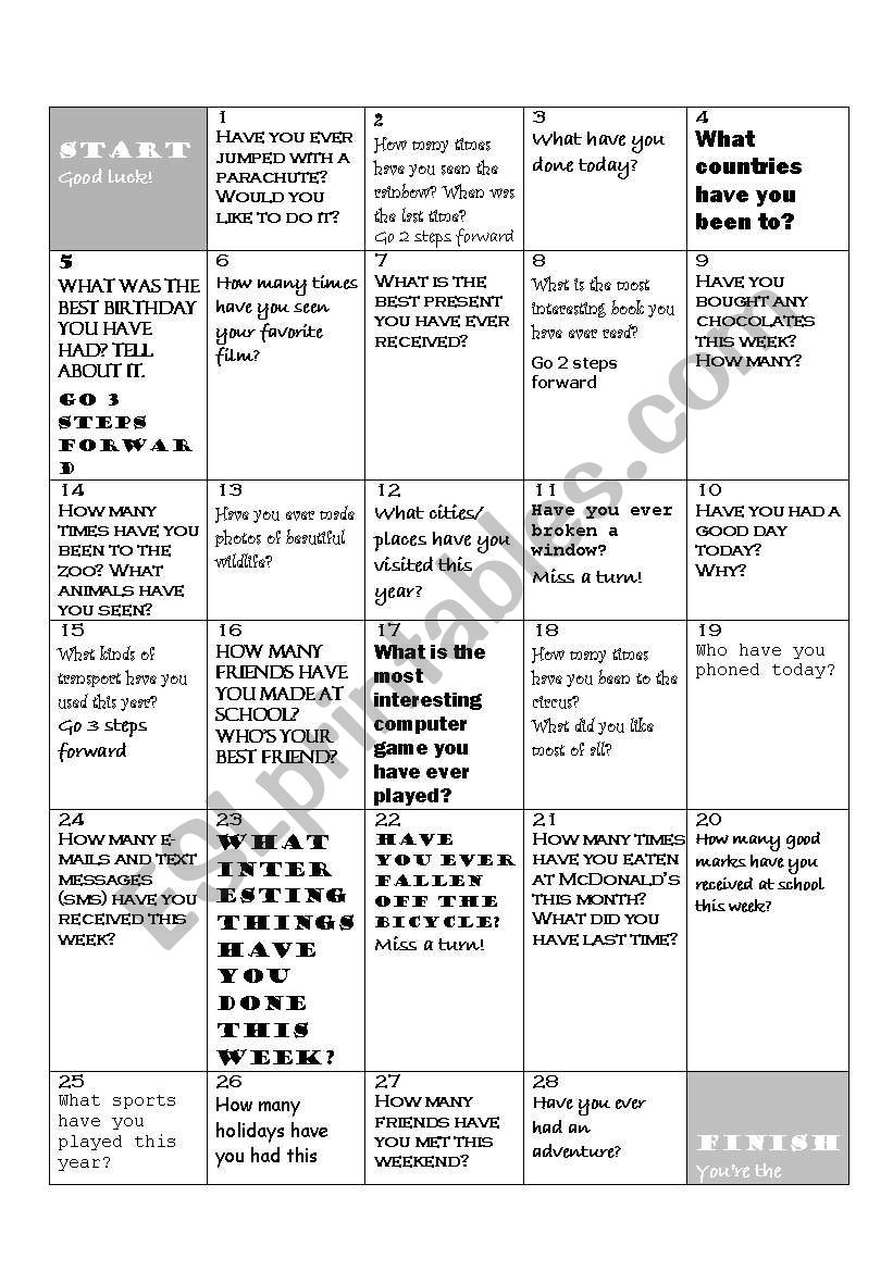 Present Perfect Board game worksheet