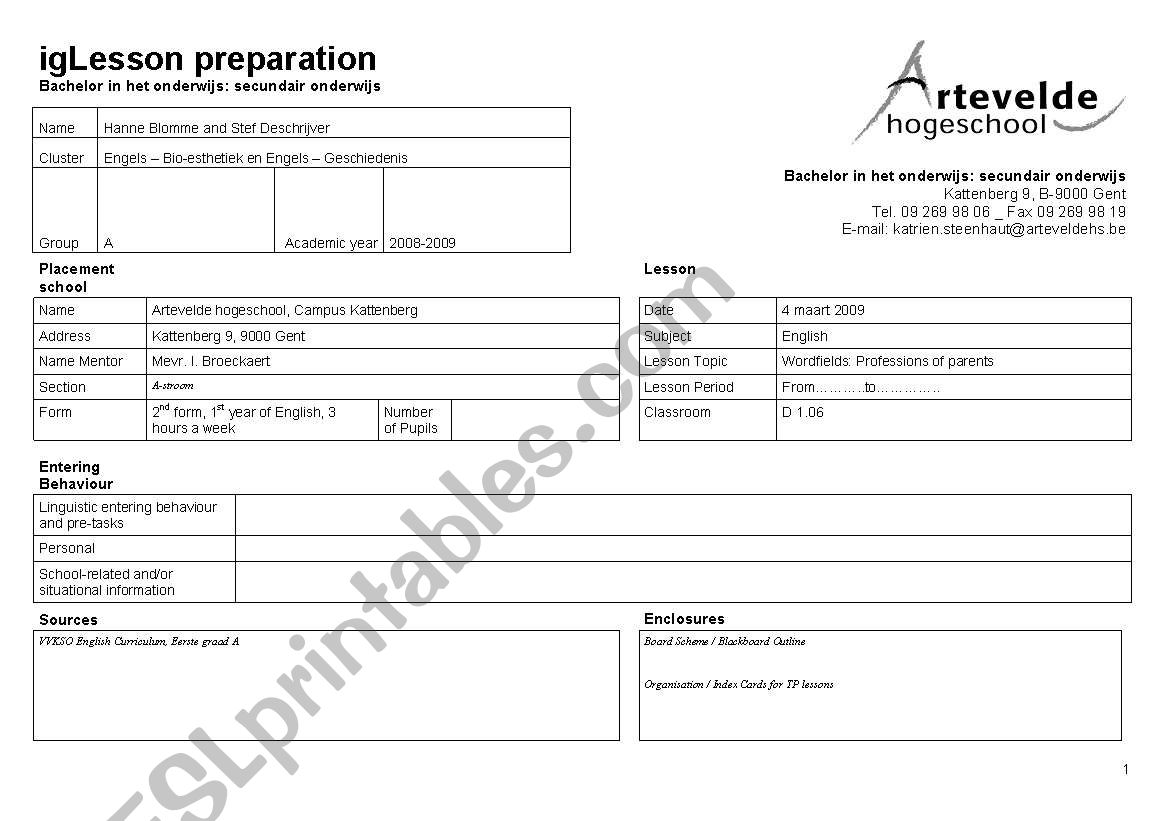 Professions worksheet