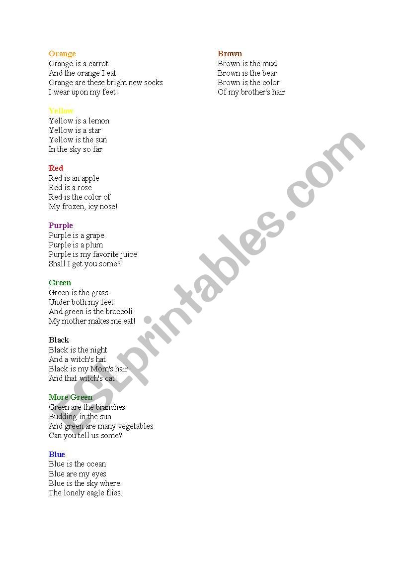 poem about colors worksheet