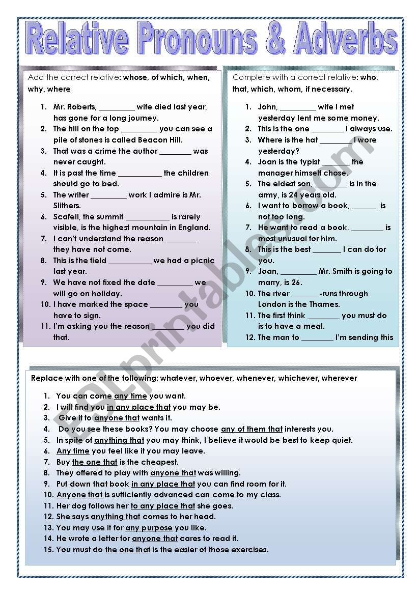 Relative Pronouns and Adverbs worksheet