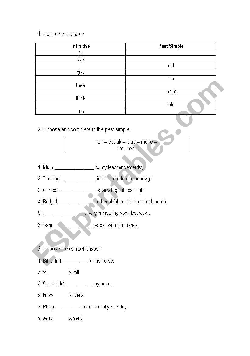 past simple iregular form worksheet