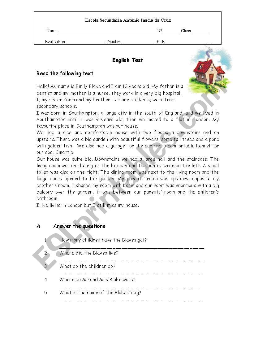 Test  Houses worksheet