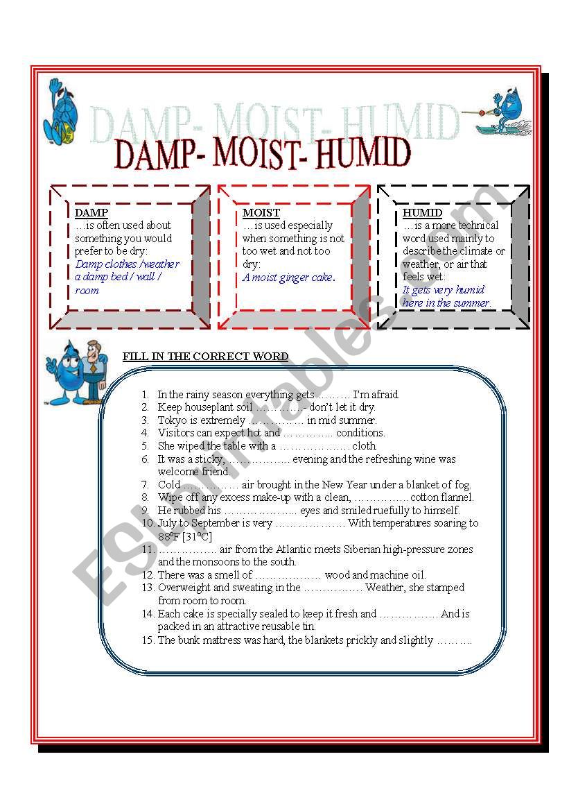 DAMP - MOIST- HUMID worksheet