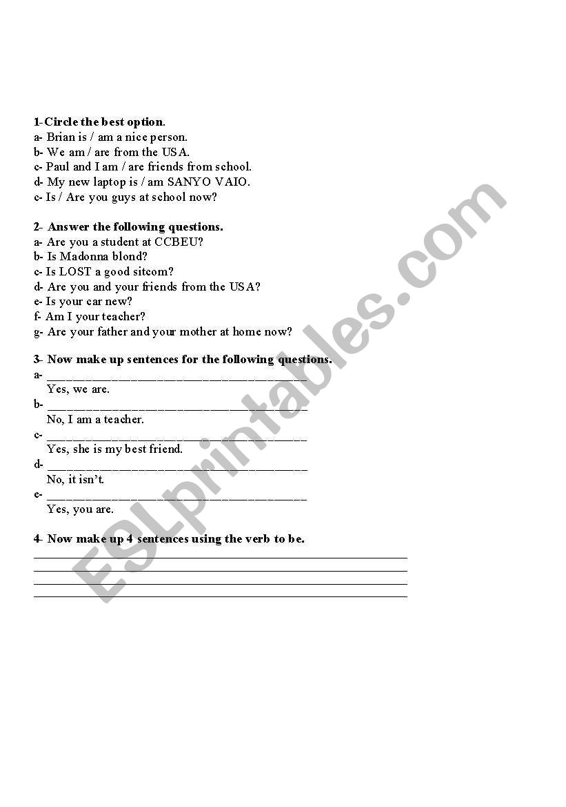 Verb to be worksheet