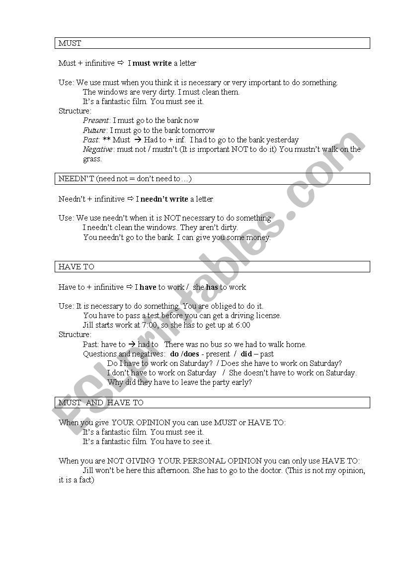 Must / have to / neednt worksheet