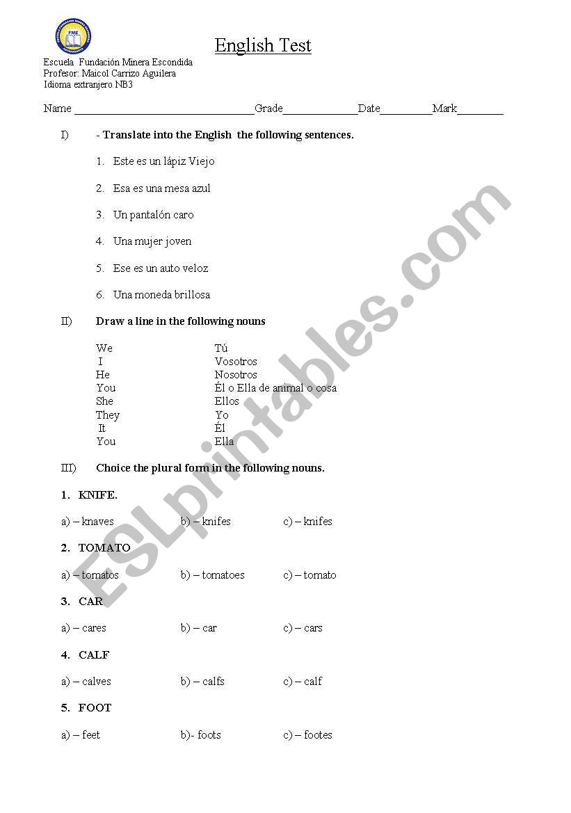 english test worksheet