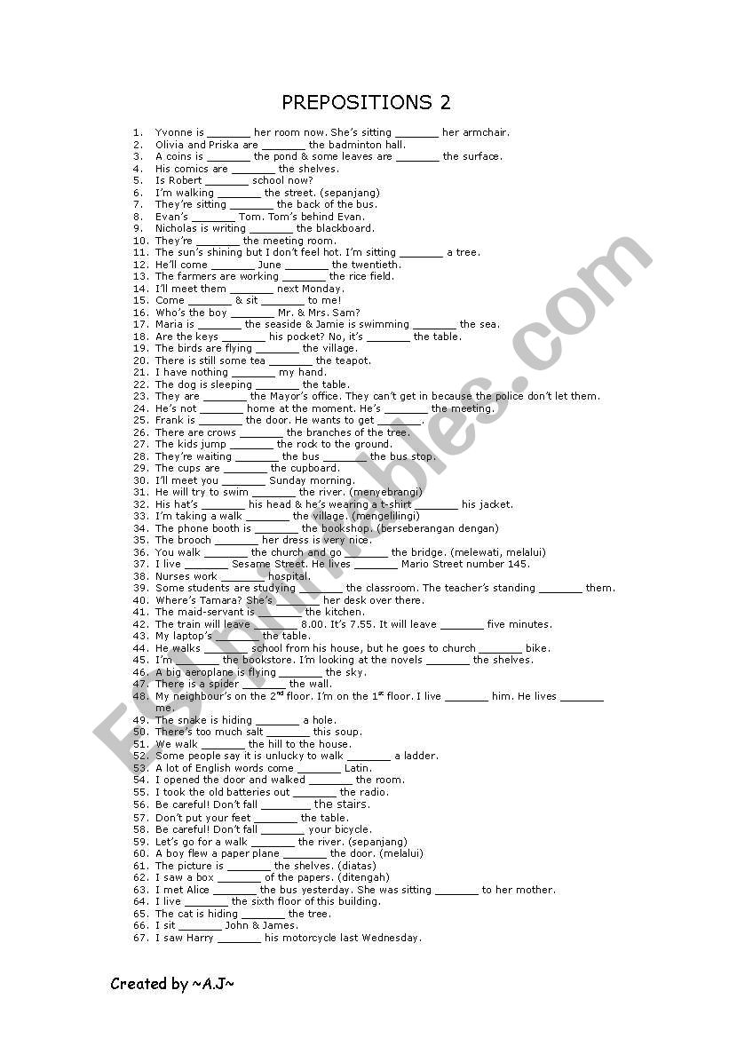 Prepositions 2 worksheet