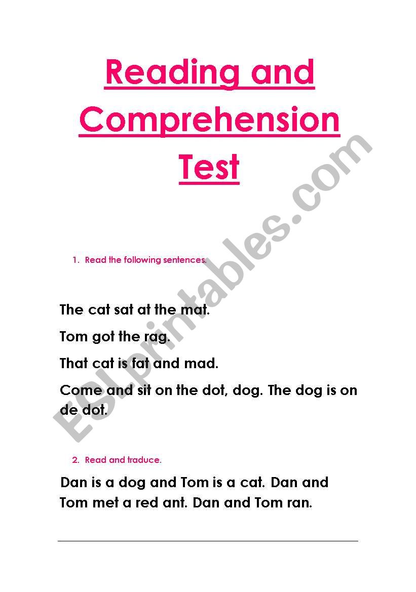 Reading and comprehension  worksheet