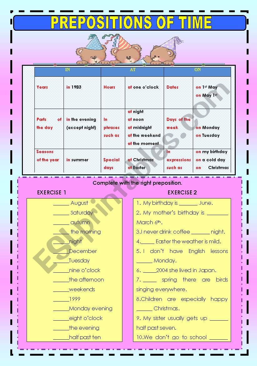 PREPOSITIONS OF TIME worksheet