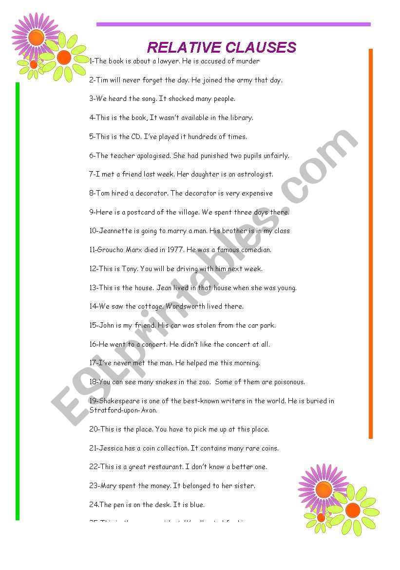 relative clause worksheet