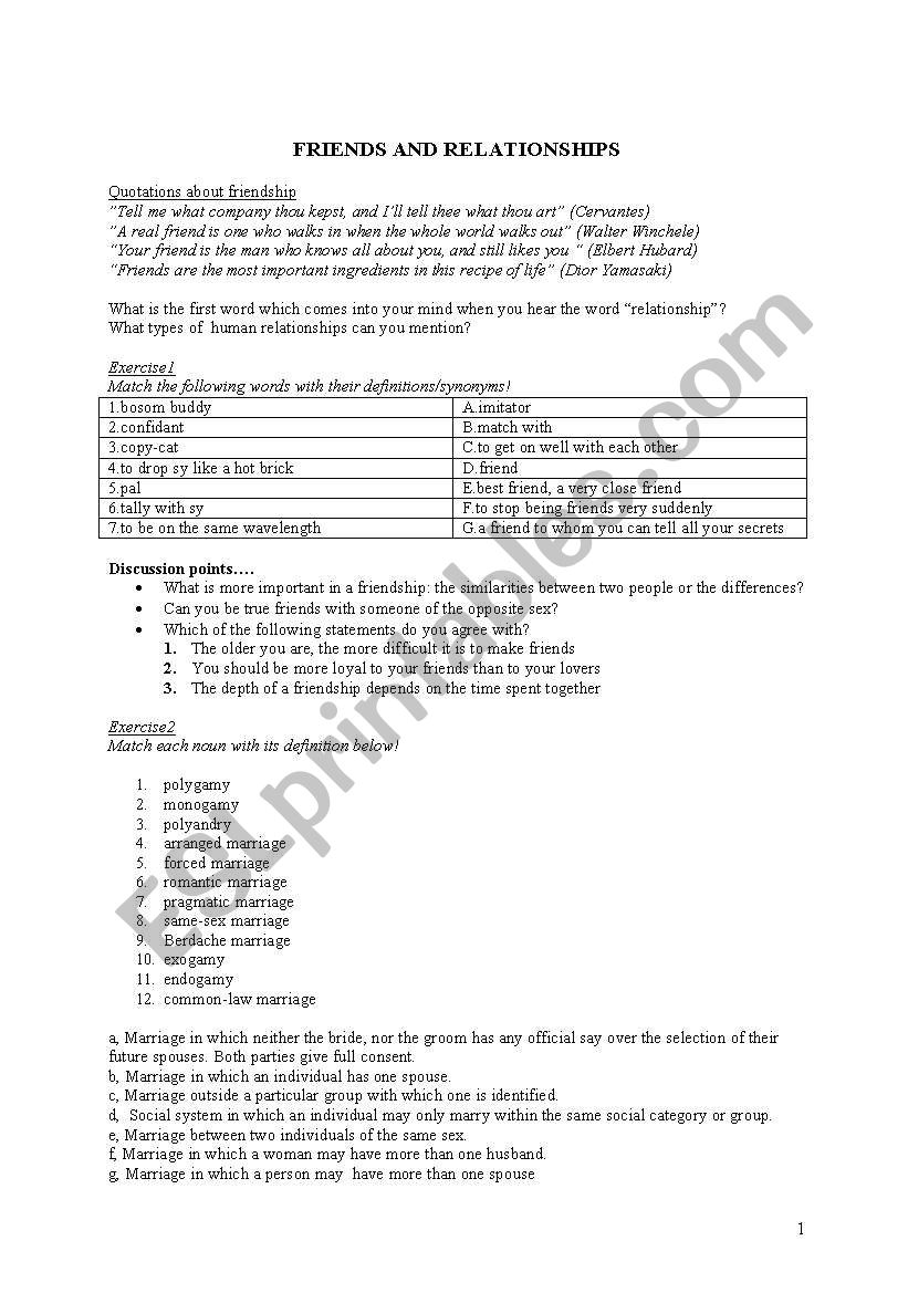 FRIENDS AND RELATIONSHIPS worksheet