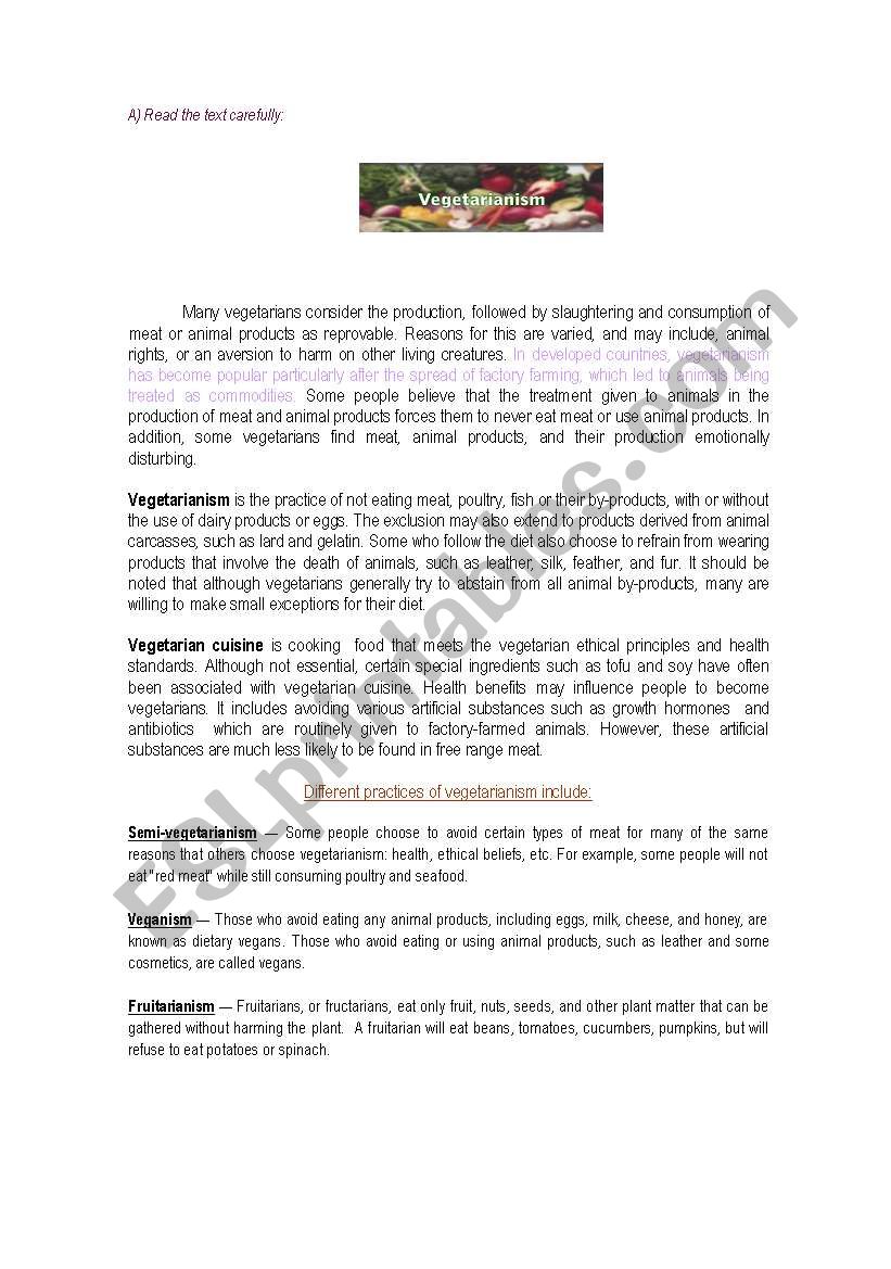 Vegetarianism worksheet