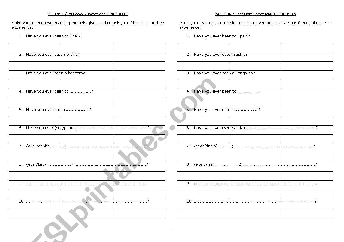 survey - amazing experiences worksheet