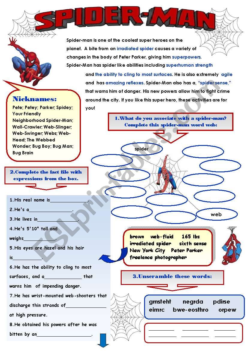 SPIDER-MAN! - FUN VOCABULARY SET FOR GUYS! - 2pages with answer keys
