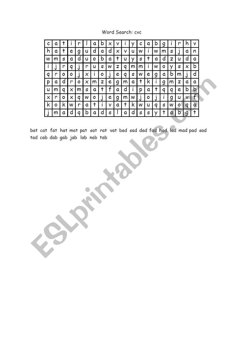 Word search cvc worksheet