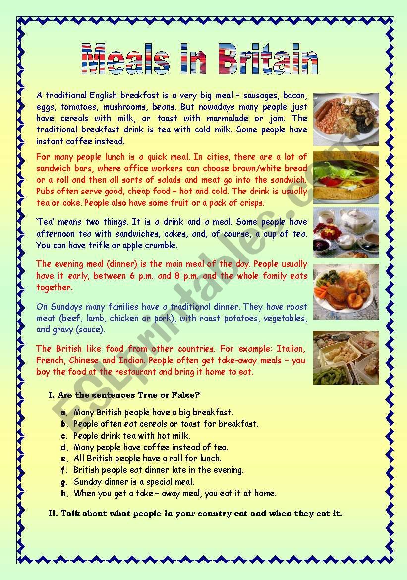 Meals in Britain worksheet