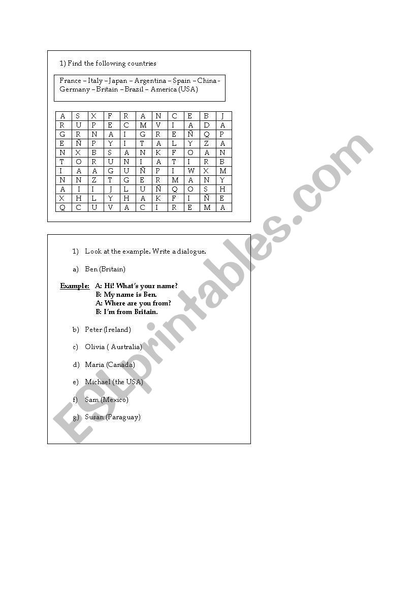 Countries worksheet