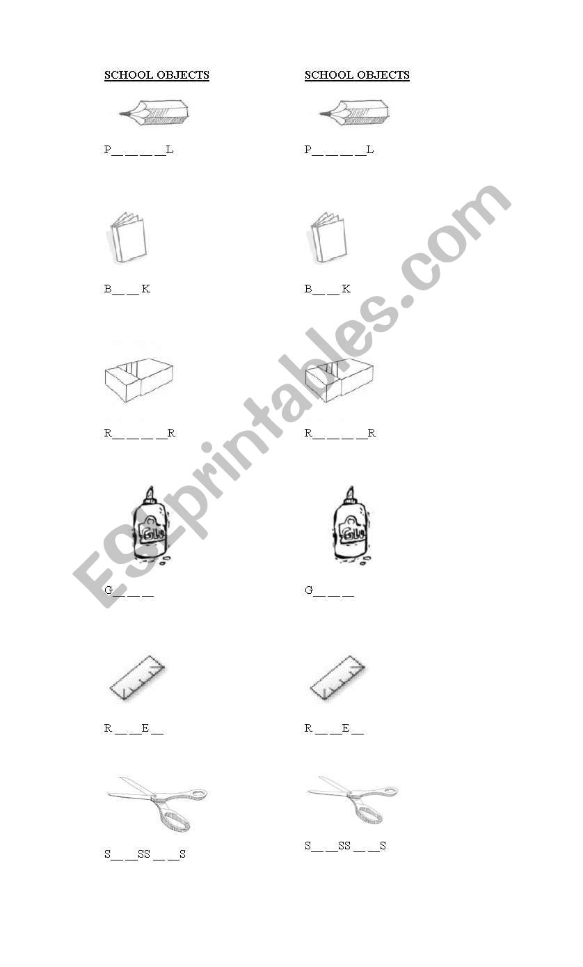 School objects worksheet