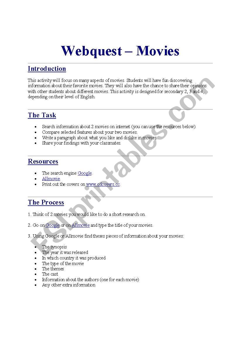Movies Webquest worksheet